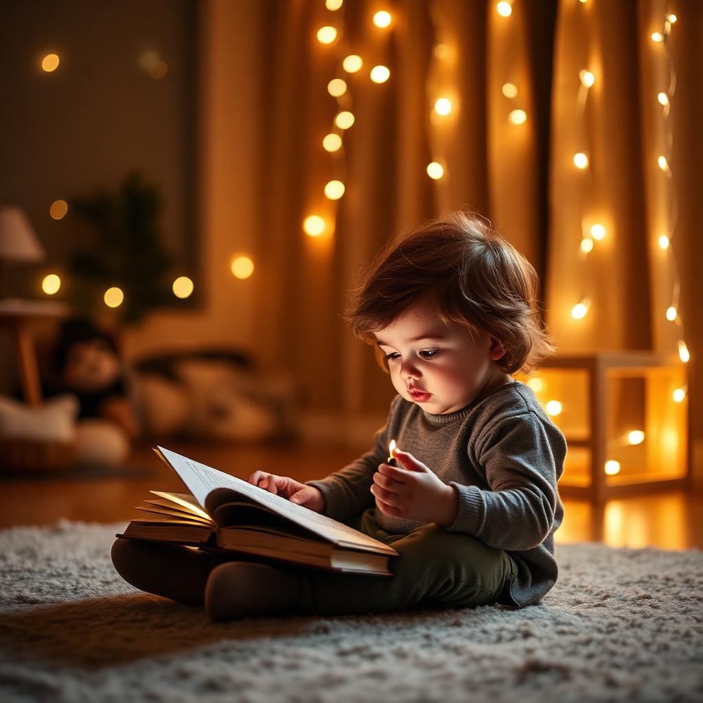 Child reading by warm string lights