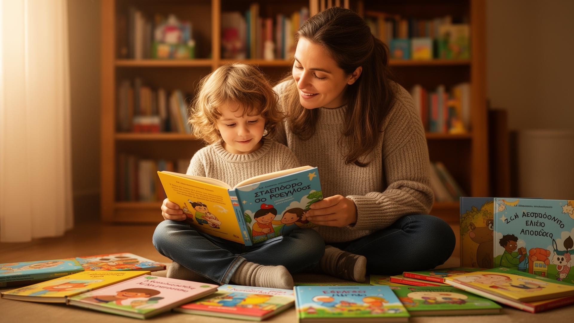 A parent and child reading Greek children's books together, warm cozy family moment